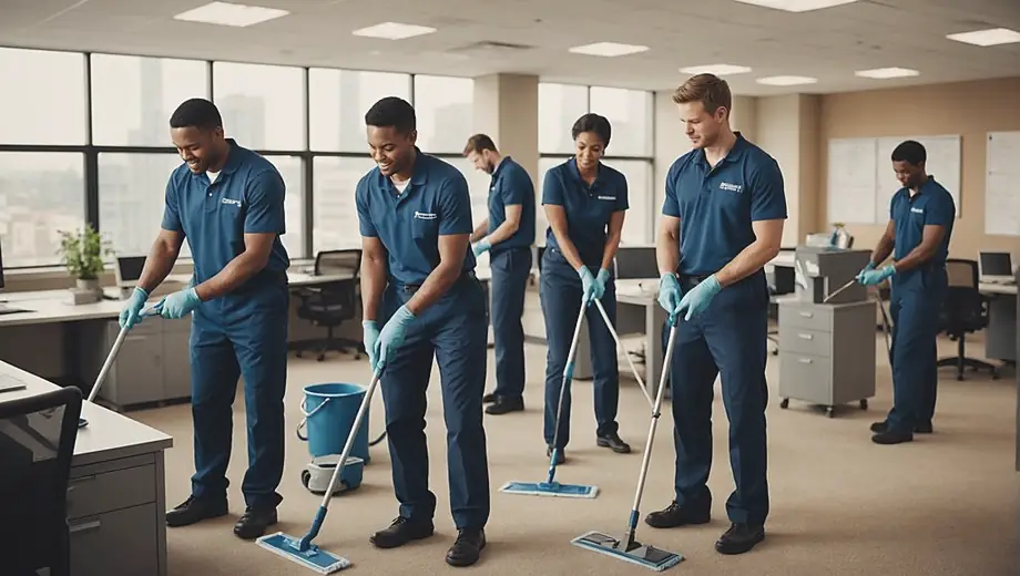 A diverse group of employees working together to provide janitorial service in an office building, showcasing teamwork and professionalism as they clean and organize the space.
