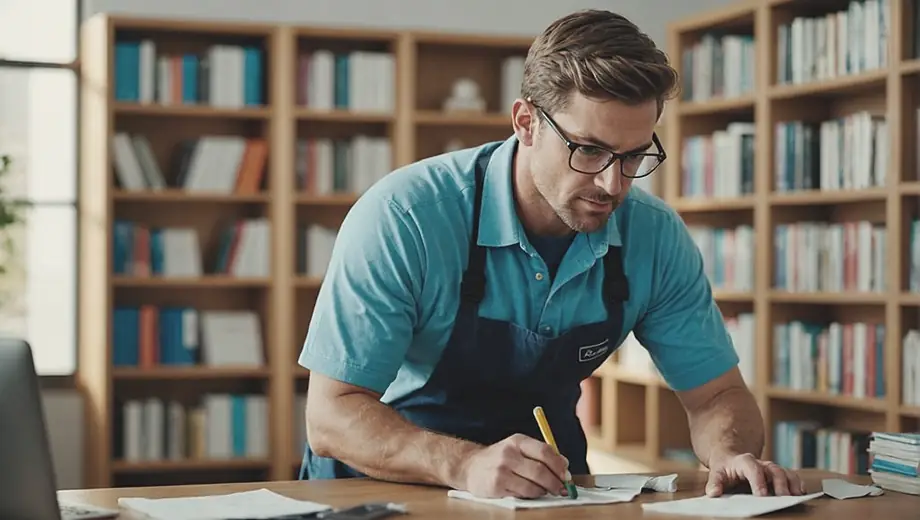 A professional from a cleaning company meticulously dusts a bookshelf in a bright, organized office space.