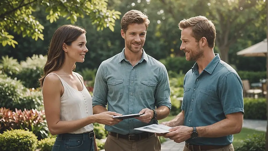A customer discusses landscaping ideas with a professional on site, surrounded by lush greenery and garden features.