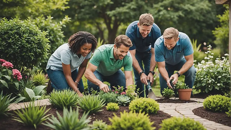 A diverse group of professionals from a landscaping company is working together to design and install a beautiful garden, showcasing vibrant plants and creative outdoor features.