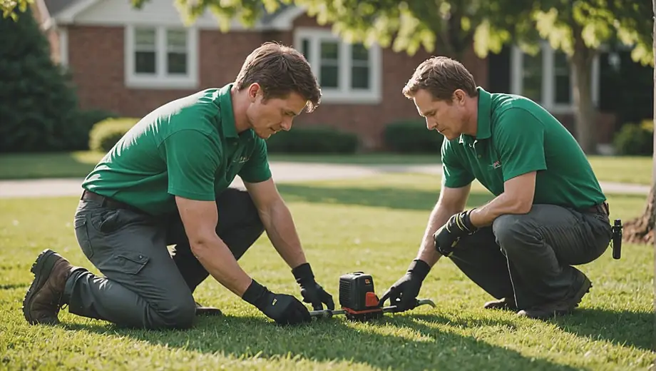 A person in a green shirt and gloves is kneeling on a well-maintained lawn, carefully trimming the grass with a handheld tool as part of their lawn care routine.