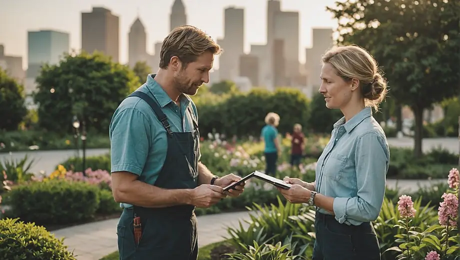 A customer discusses garden maintenance with a professional landscaper on-site, surrounded by lush greenery and blooming flowers.