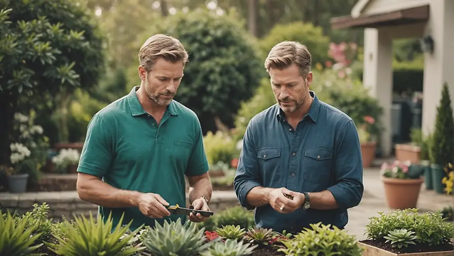 A customer discusses landscaping supply options with a professional on-site, surrounded by various plants, soil, and gardening tools.