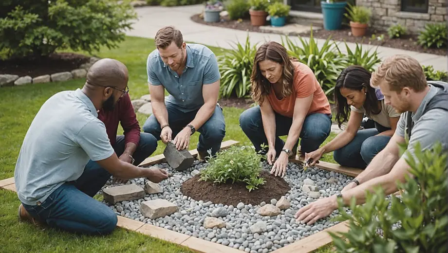 A diverse group of people collaborating on a landscaping project, surrounded by various landscaping materials such as stones, soil, and plants, as they plan and design an outdoor space.