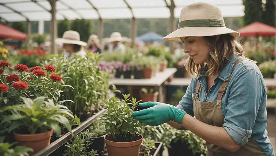 A person wearing gardening gloves and a sun hat examines a variety of plants and garden supplies at a local garden center.