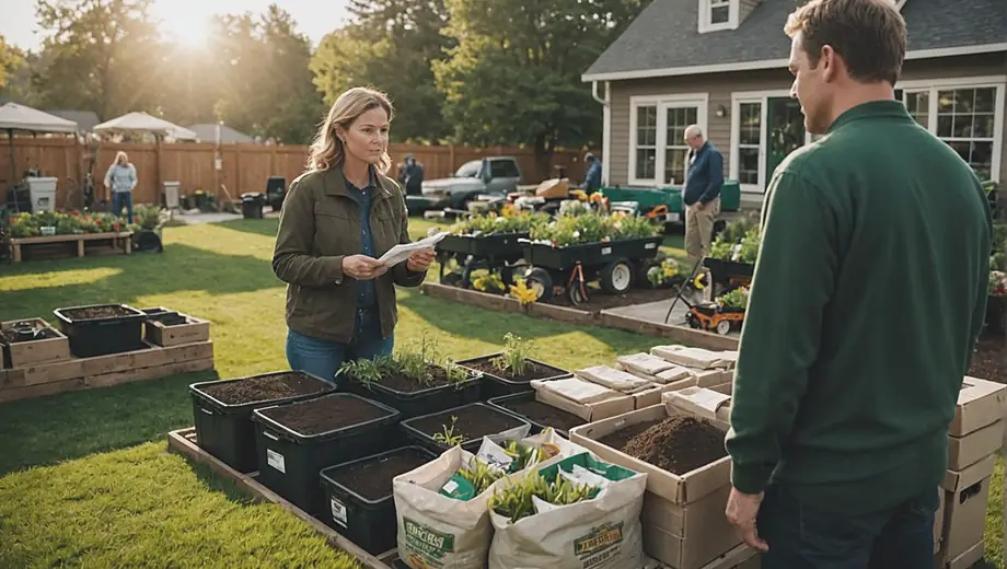 A customer consults with a professional on site at a lawn supply store, discussing options for grass seed and fertilizers while surrounded by bags of soil and gardening tools.