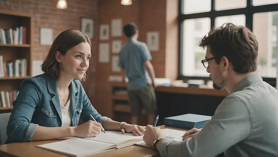 A customer and a professional discuss language learning options at a Language School, surrounded by educational materials and a welcoming atmosphere.