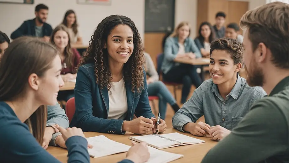 A diverse group of students engaged in a lively discussion at a language school, with a teacher guiding them in the background.