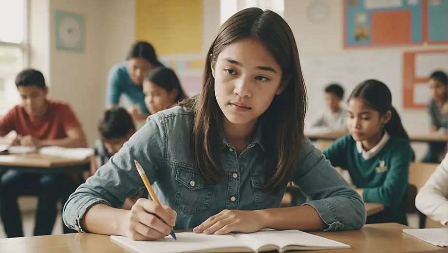 A student engaged in a classroom activity at an ESL school, focused on learning English with a teacher in the background.