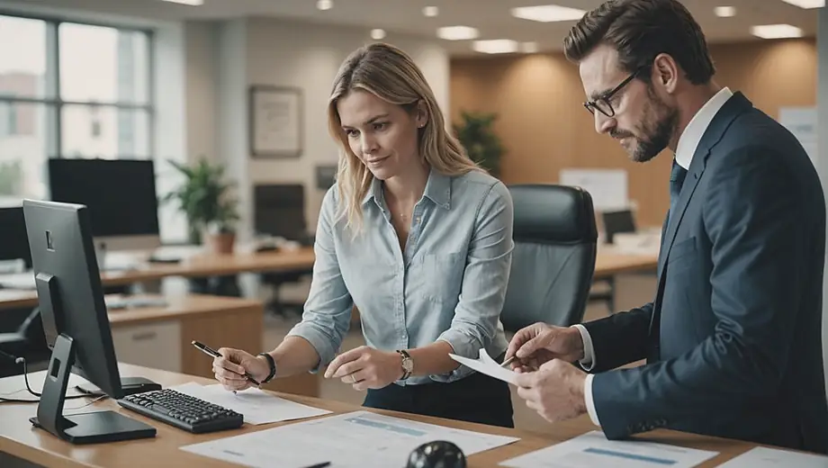 A customer and a professional discuss legal matters on site, reviewing documents and pointing at key points while surrounded by office equipment.