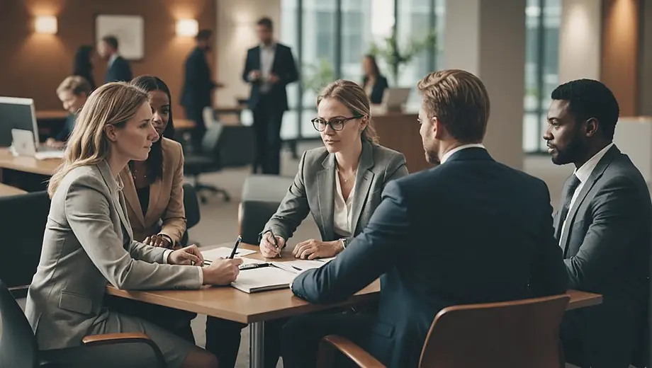 A diverse group of professionals collaborating in a modern law firm office, discussing case files and legal strategies.