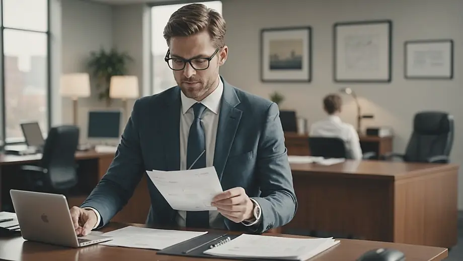 A professional individual stands at a desk in a modern legal office, reviewing documents with a focused expression.