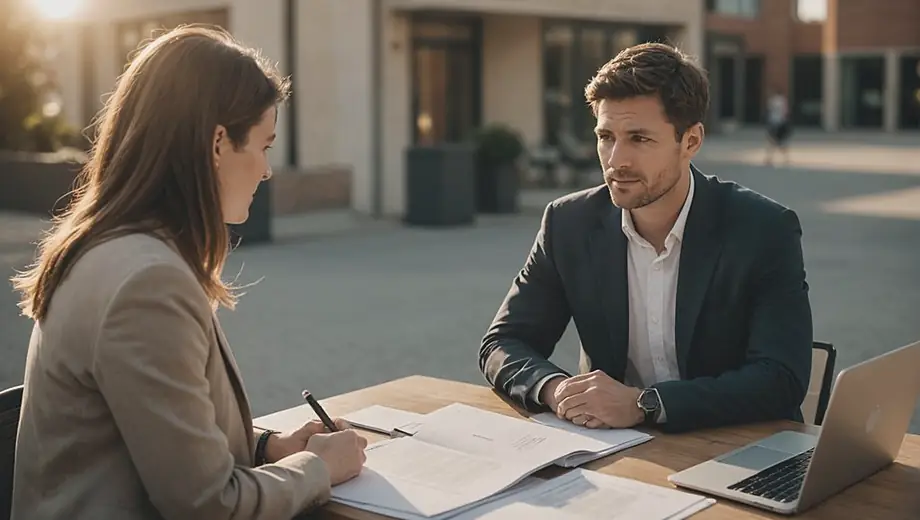 A customer discussing their needs with a professional on site, both engaged in a conversation about legal services, with documents and a laptop visible in the background.