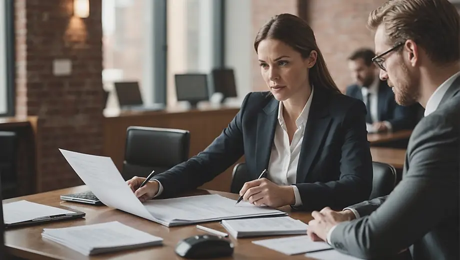 A customer and a professional lawyer discuss legal matters on-site, with documents and a laptop open between them, highlighting a collaborative approach to resolving issues.