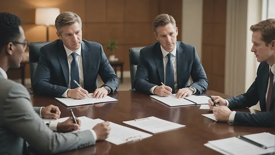 A diverse group of attorneys engaged in a discussion around a conference table, reviewing legal documents and sharing insights.
