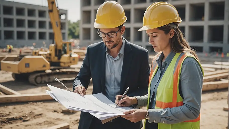 A legal counsel reviewing documents at a busy construction site, focused and engaged in discussions with team members.