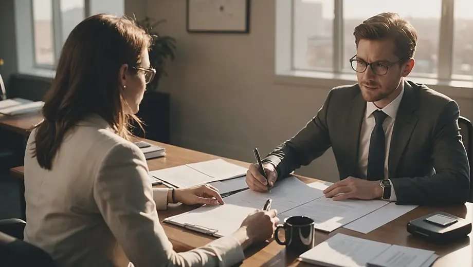 A customer discussing legal matters with a professional from a law firm at an office, both engaged in a focused conversation with documents spread out on the table.