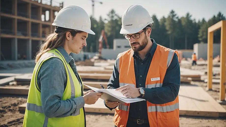 A customer and a professional discuss legal documents at a construction site, with blueprints and safety gear visible in the background.