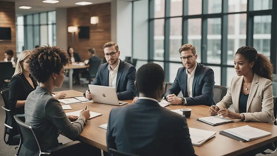 A diverse group of professionals discussing legal services in a modern office setting, with documents and laptops on the table.