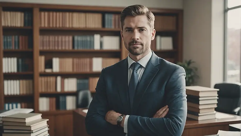 A professional individual stands confidently in a modern law office, surrounded by legal books and documents, conveying a sense of authority and expertise.