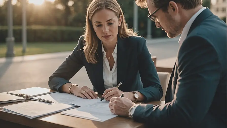 A customer and a professional engage in a discussion on-site, reviewing legal documents and consulting on legal matters, highlighting the importance of legal consulting in business decisions.
