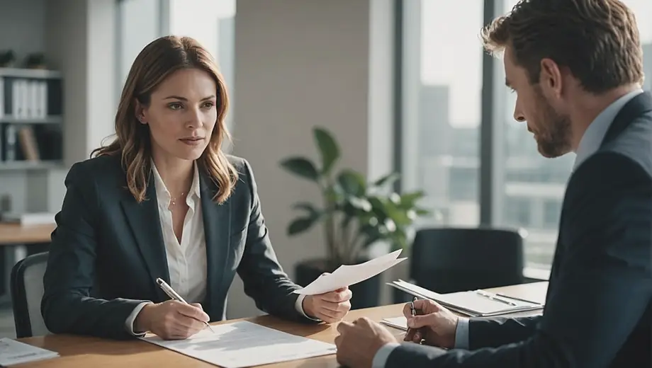 A customer and a professional engage in a discussion on site, reviewing documents related to legal consulting, with a backdrop of a modern office environment.