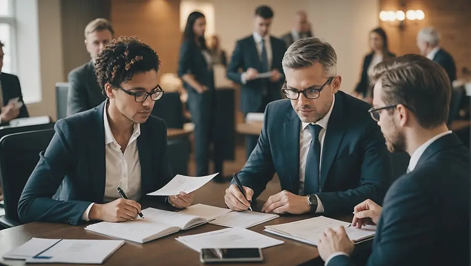 A diverse group of professionals engaged in a discussion, with a legal consultant providing expert advice on a complex case, surrounded by legal documents and laptops.