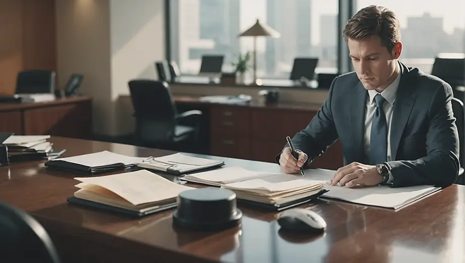 A law consultant reviewing documents at a desk in a modern office setting.