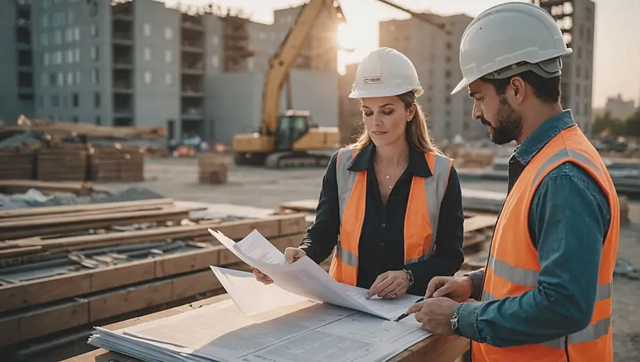 A customer and a professional discuss legal services at a construction site, reviewing documents and plans while surrounded by building materials and equipment.
