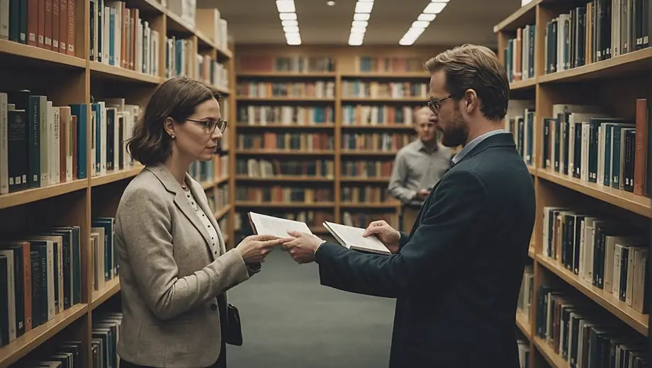 A customer and a professional engage in a discussion at a library, surrounded by shelves filled with books and resources. The professional gestures towards a display, while the customer listens attentively, highlighting a collaborative atmosphere.