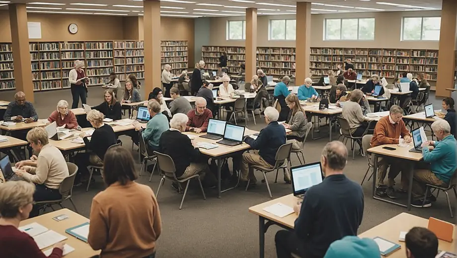 A diverse group of people of various ages and backgrounds are engaged in different activities at a public library, reading books, using computers, and participating in a community event.