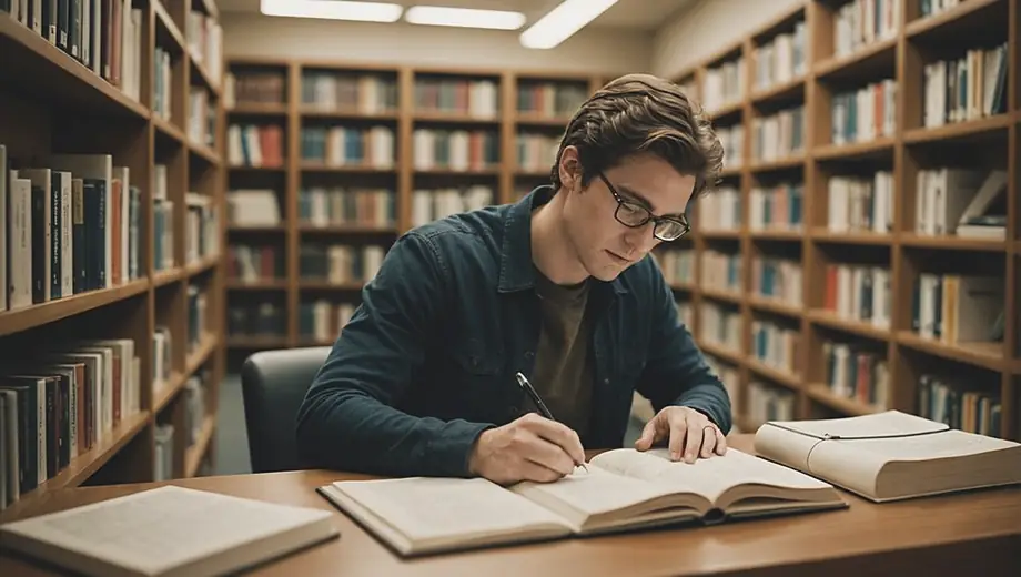 A person sits at a desk in a research library, surrounded by shelves filled with books and academic journals, focused on reading and taking notes.