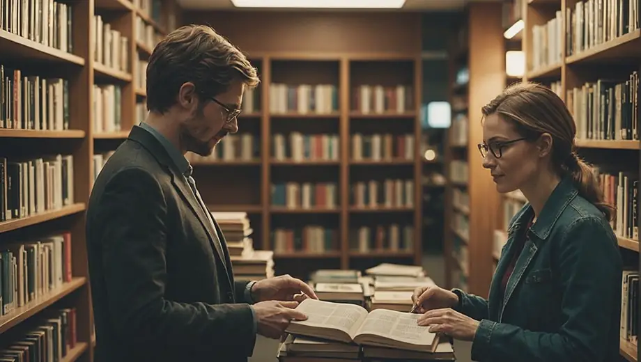 A customer and a professional discuss options at a lending library, surrounded by shelves filled with books and resources, highlighting a collaborative atmosphere.