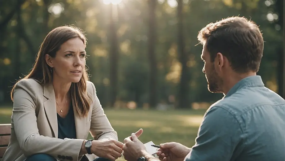 A life coach and a client engage in a focused discussion outdoors, surrounded by nature, as they explore personal goals and strategies for growth.