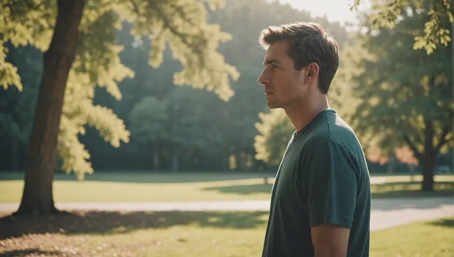 A person stands thoughtfully in a serene outdoor setting, contemplating their life strategy while surrounded by nature.