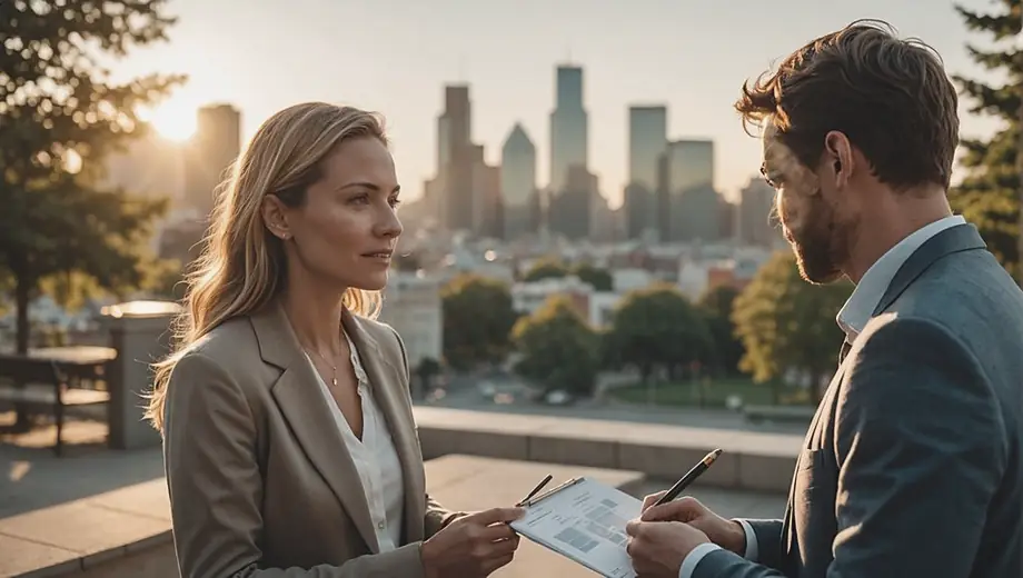 A customer and a professional engage in a coaching service session outdoors, discussing strategies while surrounded by a serene landscape.