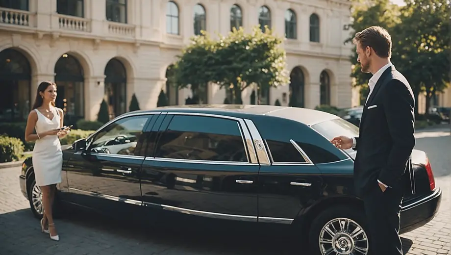 A customer and a professional are discussing details about a Limousine Service at a luxurious venue, with the elegant vehicle parked nearby, showcasing a seamless transportation experience.