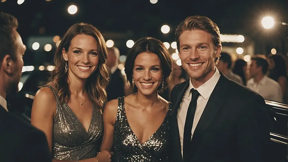 A group of friends enjoying a night out, celebrating a special occasion while stepping out of a luxurious limo rental, smiling and dressed elegantly.