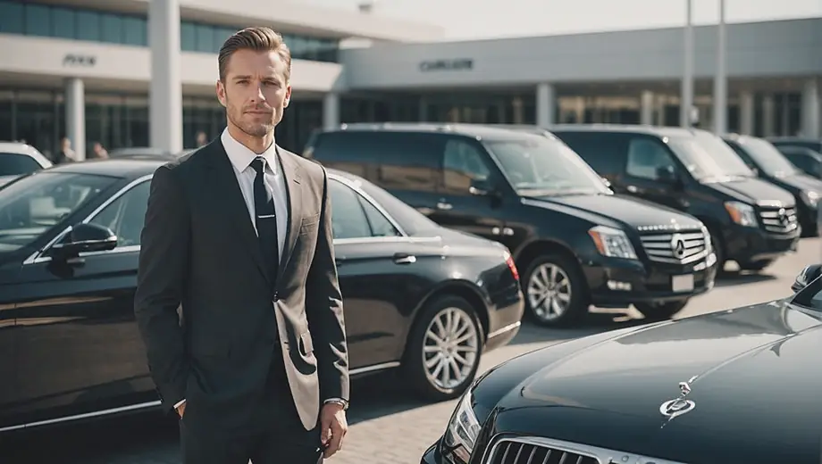 A professional driver in a suit stands next to a luxury vehicle, ready to provide chauffeur service at a busy airport terminal.
