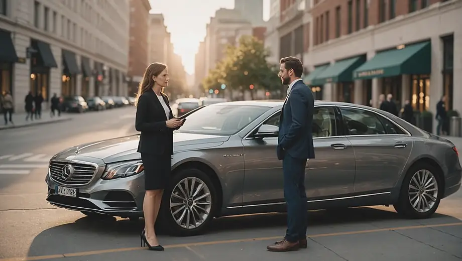 A customer and a professional discuss luxury transportation options beside a sleek, high-end vehicle parked in an upscale urban setting.