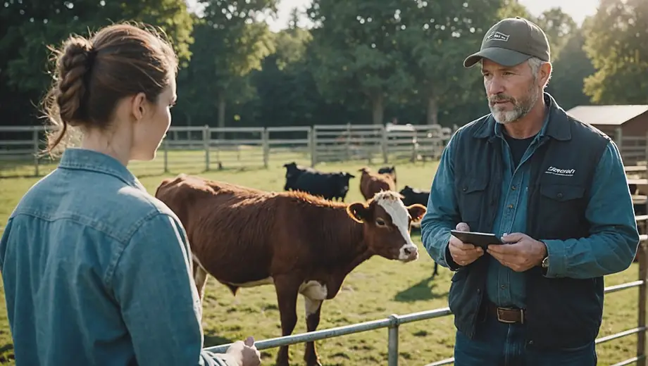 A customer discusses livestock care with a professional on site, examining the animals and reviewing their health and environment.
