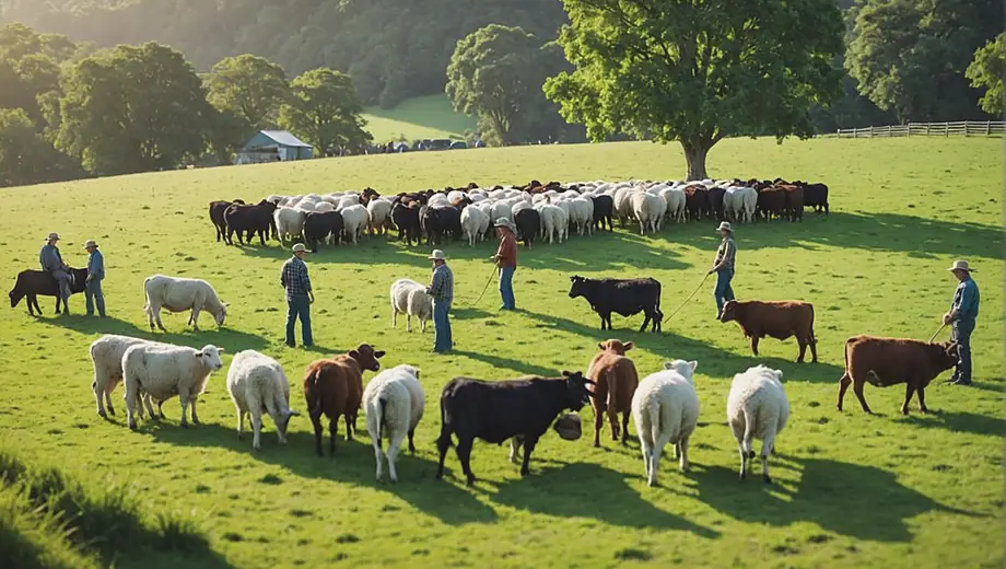 A diverse group of farmers engaged in livestock production, tending to cattle and sheep in a lush green pasture, showcasing sustainable farming practices.