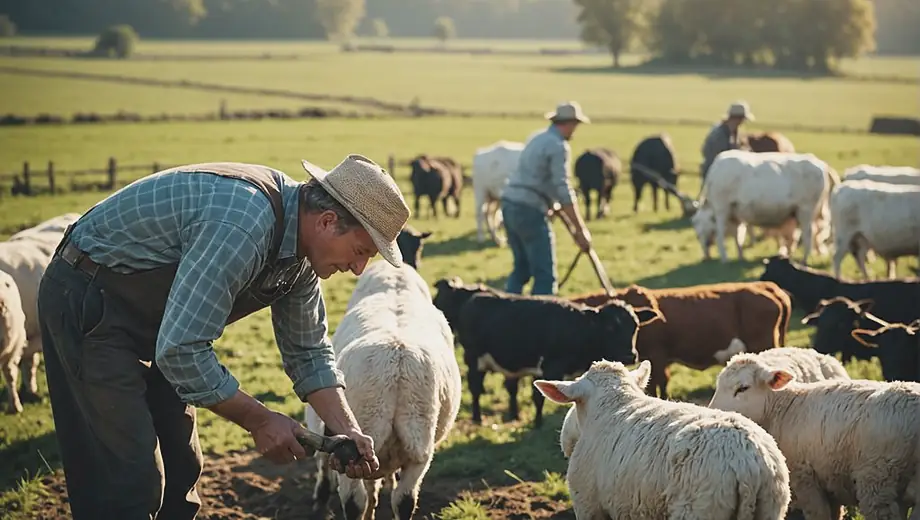 A farmer in a field tending to livestock, demonstrating animal husbandry practices with care and dedication.