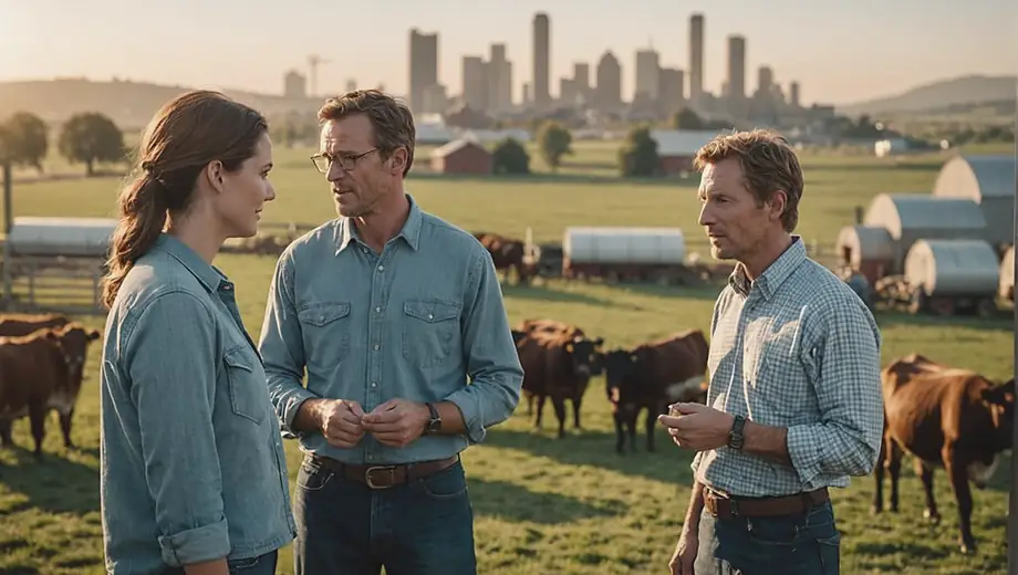 A customer and a professional discuss cattle farming practices on-site, surrounded by grazing cattle and farm equipment.