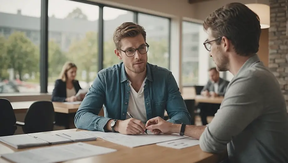 A customer discusses loan options with a professional on site, reviewing documents and exploring financial solutions together.