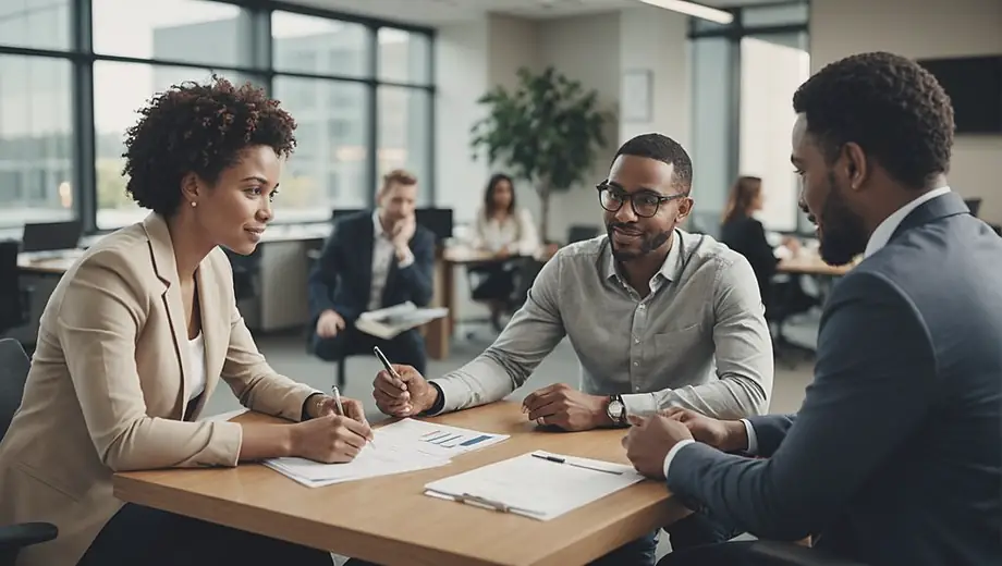A diverse group of individuals discussing options with a loan provider in a modern office setting, highlighting collaboration and financial planning.