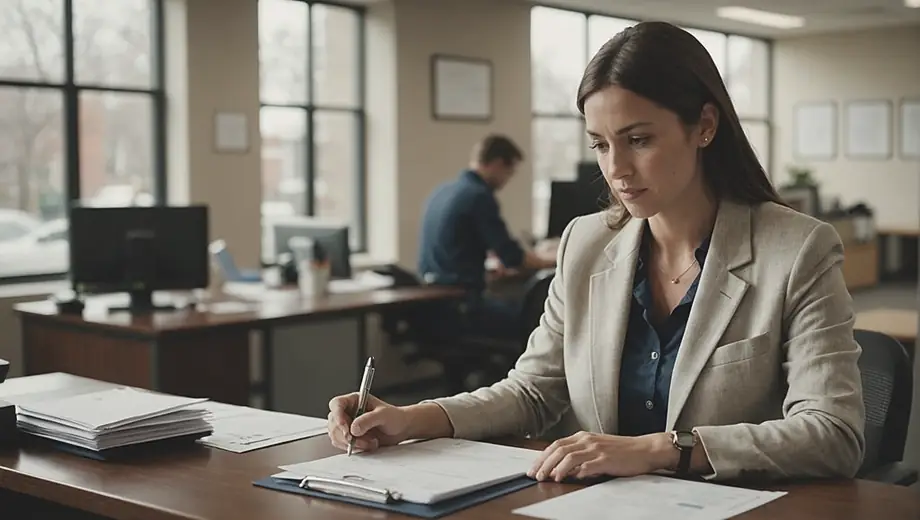 A person stands at a desk in a lending service office, reviewing documents and discussing options with a client.