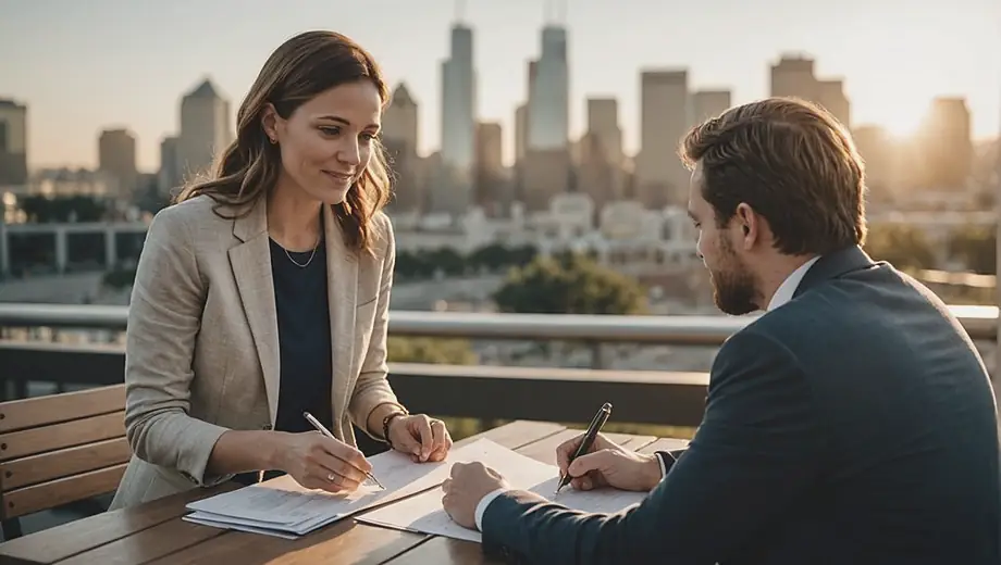 A customer discussing loan options with a professional from a loan company at an outdoor meeting space, both engaged in a friendly conversation while reviewing documents.