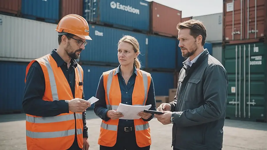 A customer and a logistics professional discuss shipment details on-site, surrounded by shipping containers and equipment, highlighting effective communication and collaboration in the logistics industry.