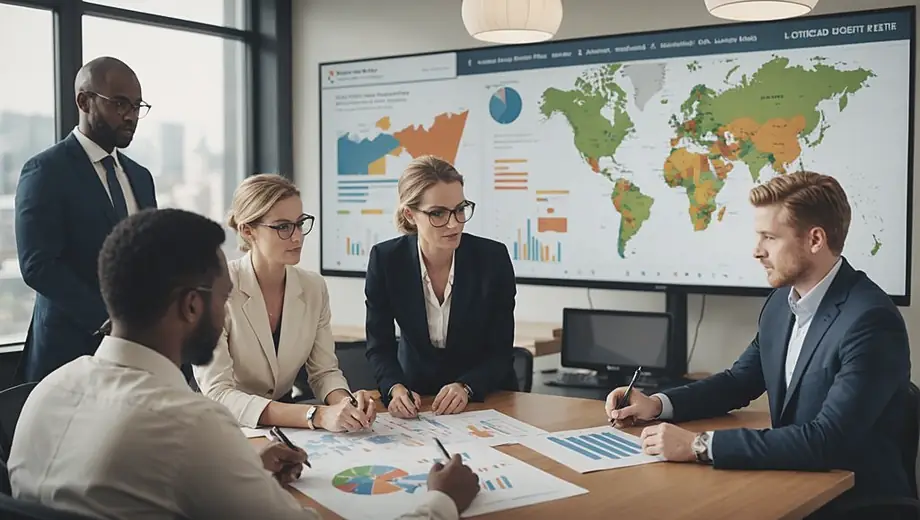 A diverse group of professionals collaborating in an office setting, discussing logistics strategies for a logistics company, with charts and maps displayed on a large screen.